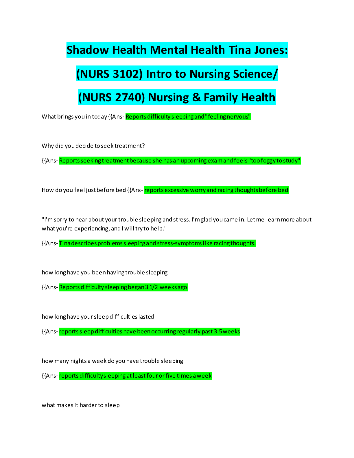 Preview of Shadow Health Mental Health Tina Jones: (NURS 3102) Intro to Nursing Science/ (NURS 2740)